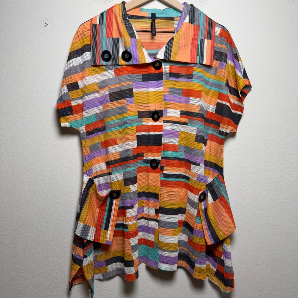 IC by Connie K Women Tunic Top Large Multicolor Geometric Mesh Open Knit Sheer